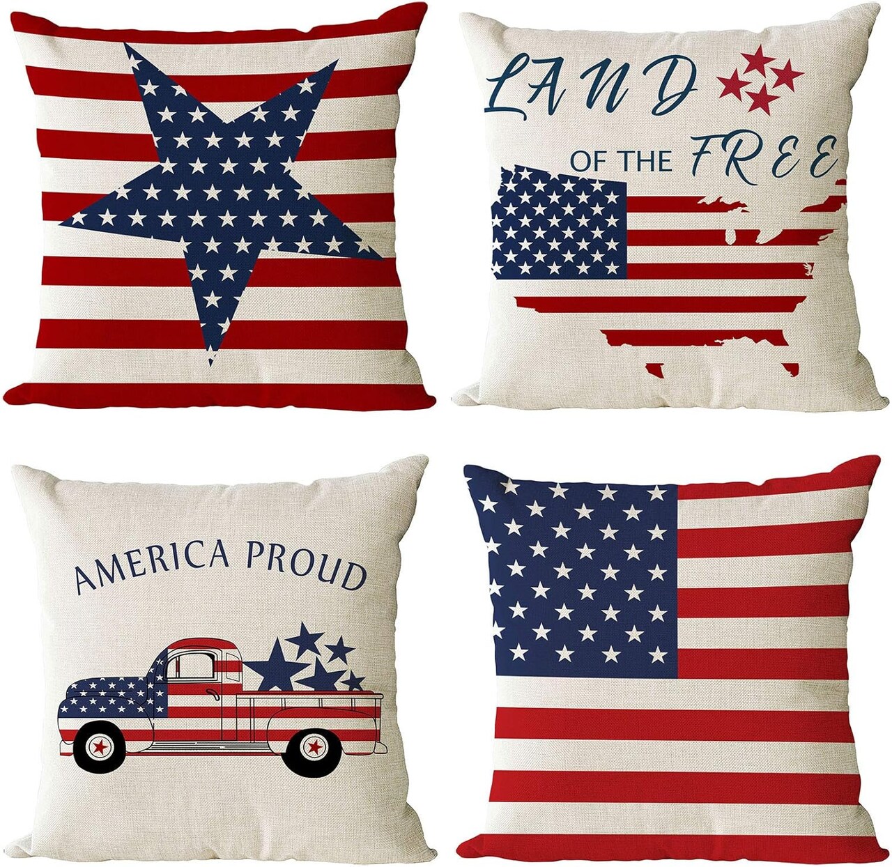 Set of 4 Patriotic 18"x18" Throw Pillow Covers – American Flag 4th of July, Memorial Day & Independence Day Home and Outdoor Decor